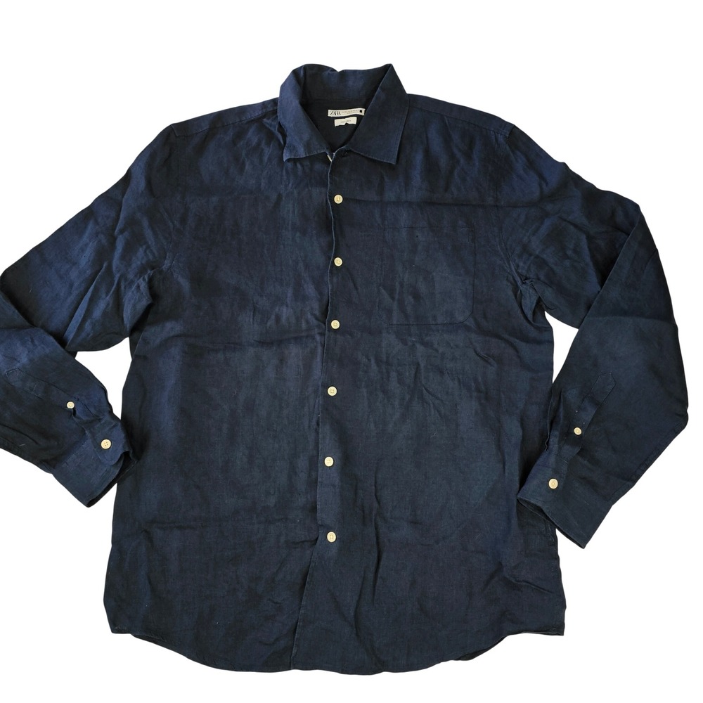 Zara Man 100% Linen Button Down Shirt Navy Blue Long Sleeve XL
